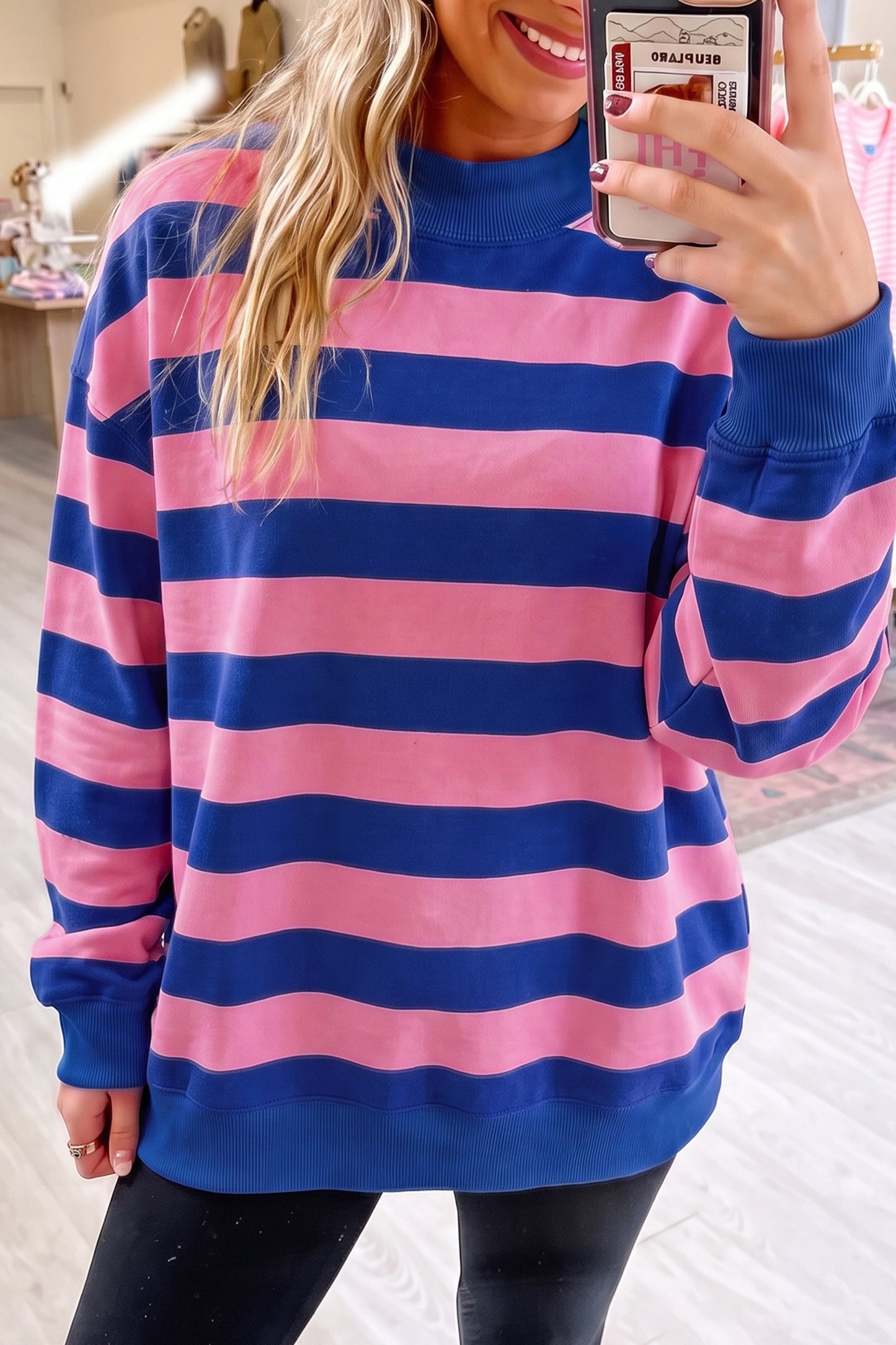 Rose Stripe Colorblock Mock Neck Relaxed Sweatshirt