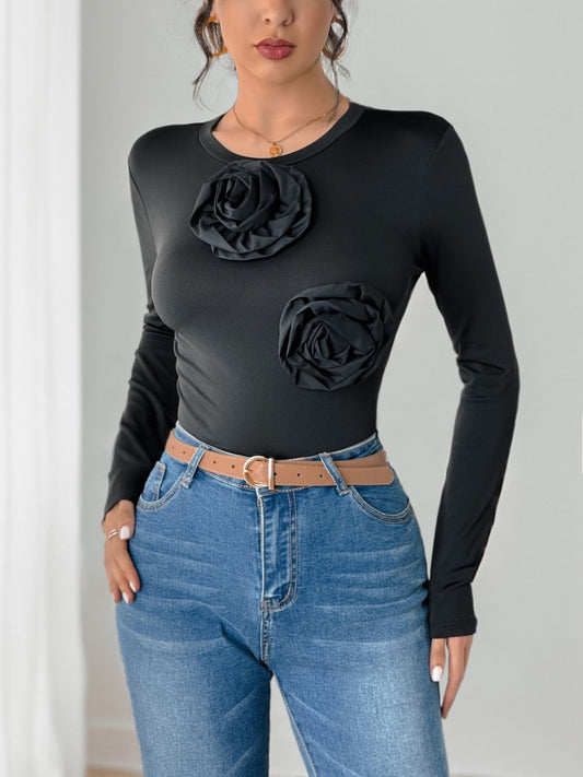 Perfee Flower Round Neck Long Sleeve Bodysuit-TOPS / DRESSES-[Adult]-[Female]-Black-S-2022 Online Blue Zone Planet