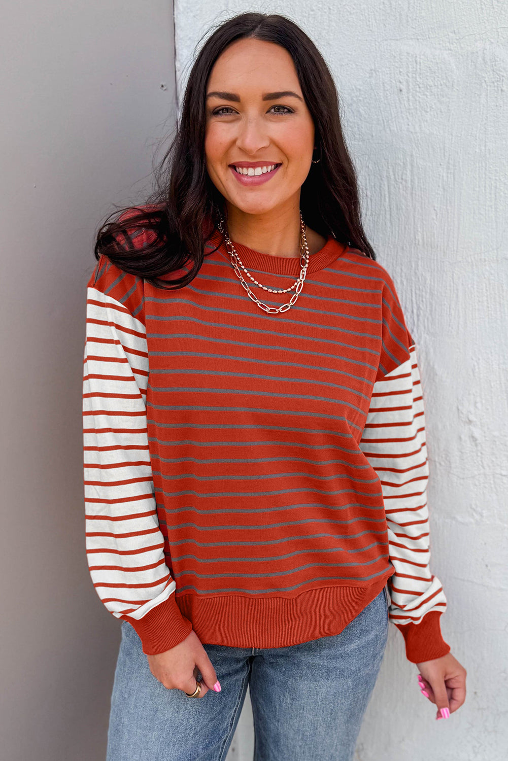 Orange Stripe Contrast Sleeve Patchwork Drop Shoulder Long Sleeve Sweatshirt-Tops/Sweatshirts & Hoodies-[Adult]-[Female]-2022 Online Blue Zone Planet