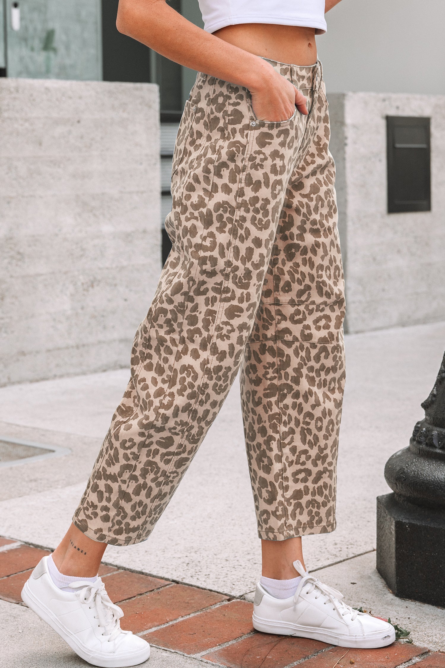 Khaki Leopard Print Straight Loose Jeans-Bottoms/Jeans-[Adult]-[Female]-2022 Online Blue Zone Planet