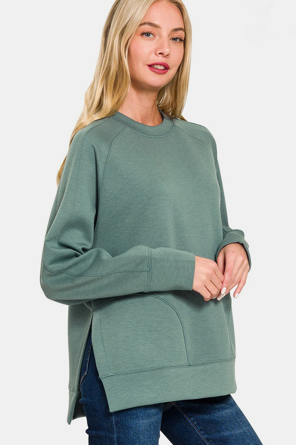 Blue Zone Planet | Zenana Scuba Round Neck Side Slit Sweatshirt-TOPS / DRESSES-[Adult]-[Female]-2022 Online Blue Zone Planet