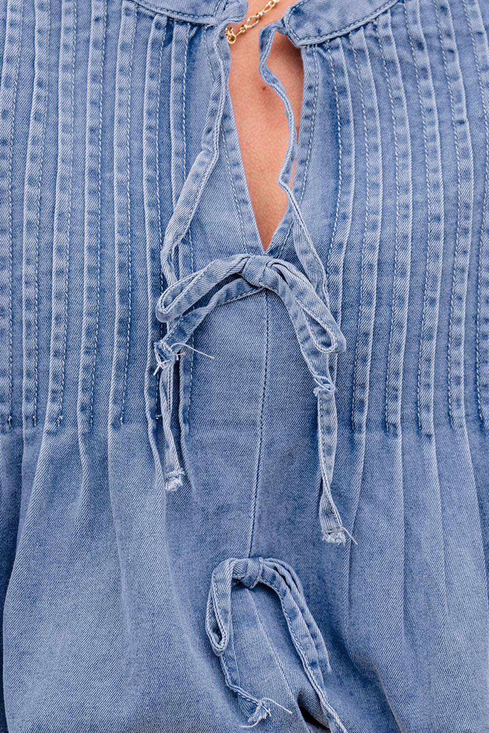 Blue Zone Planet | Myosotis Denim Front Pintuck Bow Tie Puff Sleeve Top-Tops/Blouses & Shirts-[Adult]-[Female]-2022 Online Blue Zone Planet
