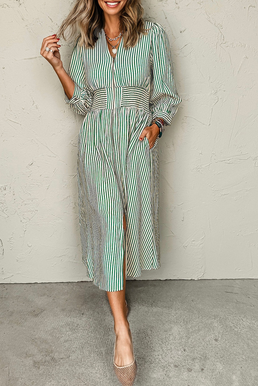 Green Stripe V Neck Zip Front Cinched High Waist Midi Dress-TOPS / DRESSES-[Adult]-[Female]-2022 Online Blue Zone Planet