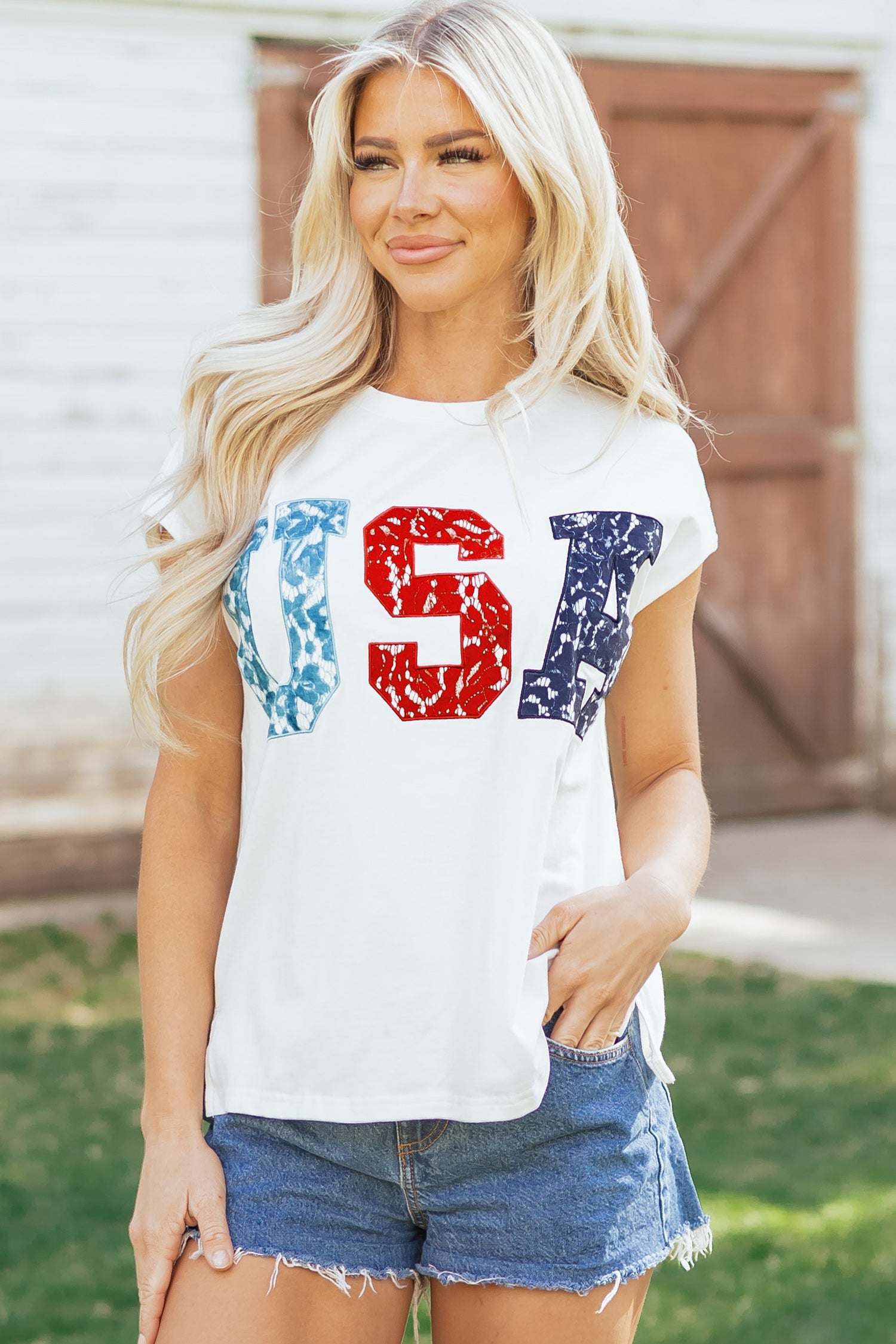 White Usa Color Block Letter Printed Dolman Tee-Tops/Tops & Tees-[Adult]-[Female]-2022 Online Blue Zone Planet
