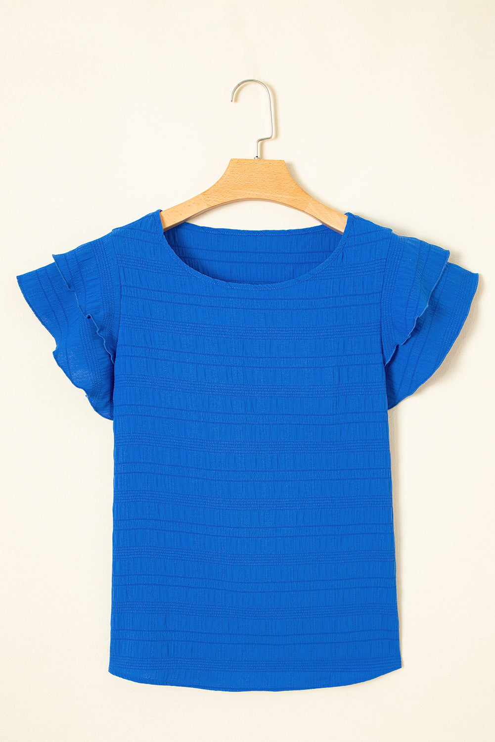 Dark Blue Textured Ruffled Sleeve Round Neck Top-Tops/Tops & Tees-[Adult]-[Female]-2022 Online Blue Zone Planet