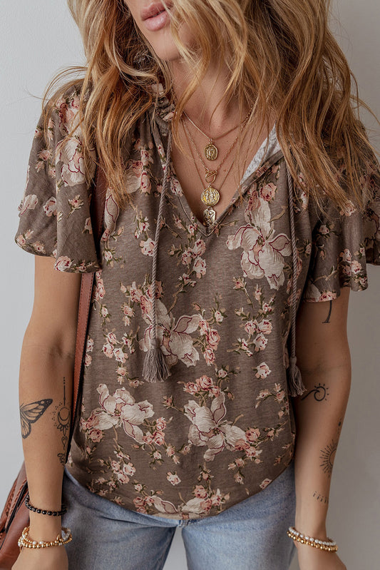 Khaki Retro Floral Print Tassel Tie Split Neck Short Sleeve Blouse-Tops/Blouses & Shirts-[Adult]-[Female]-Khaki-S-2022 Online Blue Zone Planet