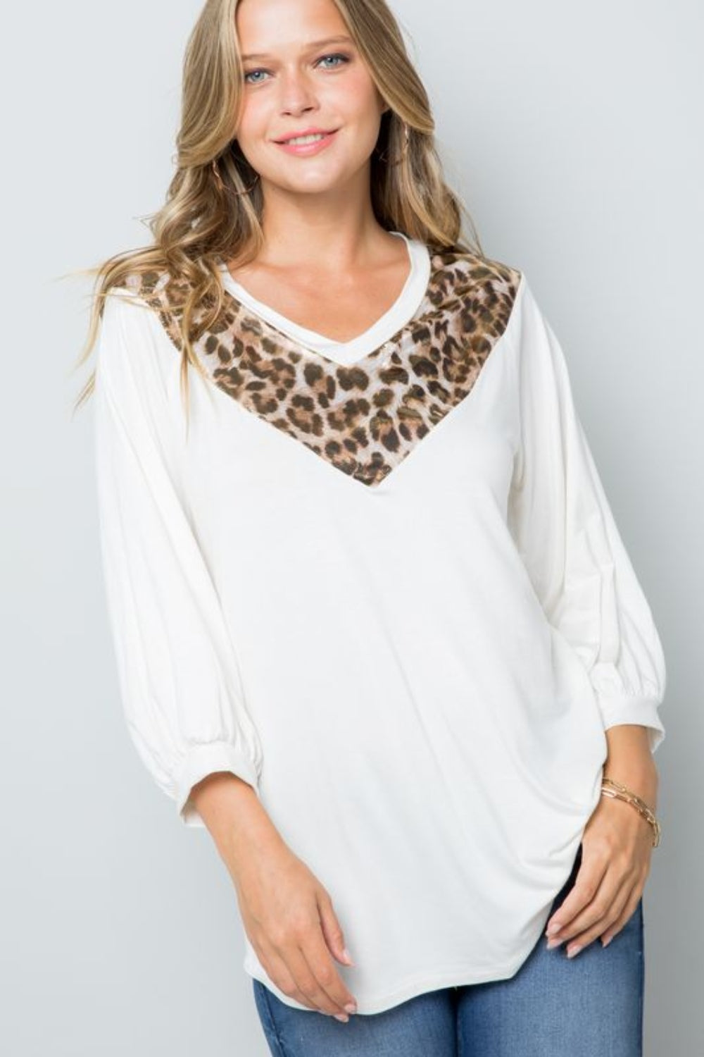 Celeste Full Size Leopard Contrast Balloon Sleeve Top-TOPS / DRESSES-[Adult]-[Female]-Ivory/Gold-S-2022 Online Blue Zone Planet