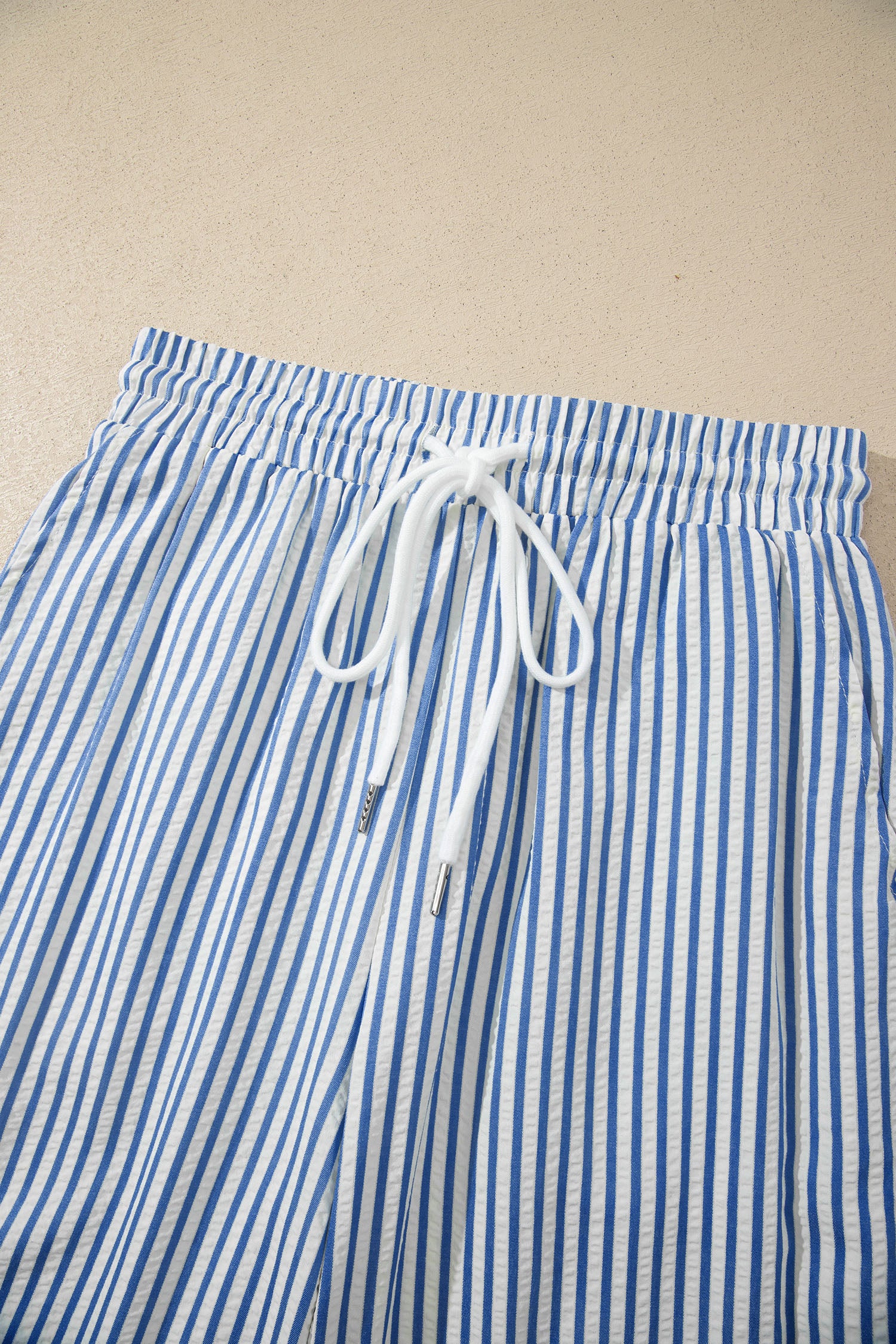 Blue Stripe Drawstring Elastic Waist Ankle Length Shift Pants-Bottoms/Pants & Culotte-[Adult]-[Female]-2022 Online Blue Zone Planet