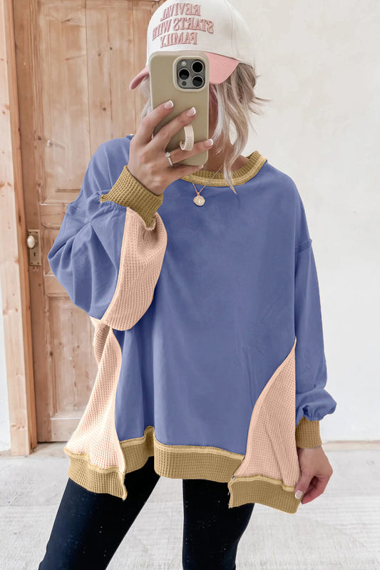 Wild Wind Color Block Mix Texture Waffle Patchwork Oversize Sweatshirt-Tops/Sweatshirts & Hoodies-[Adult]-[Female]-2022 Online Blue Zone Planet