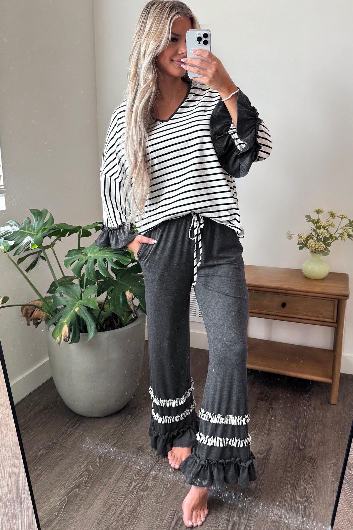 Gray Stripe V Neck Ruffle Contrast Sleeve Top Drawstring Pants 2pcs Set-Two Piece Sets/Pant Sets-[Adult]-[Female]-2022 Online Blue Zone Planet