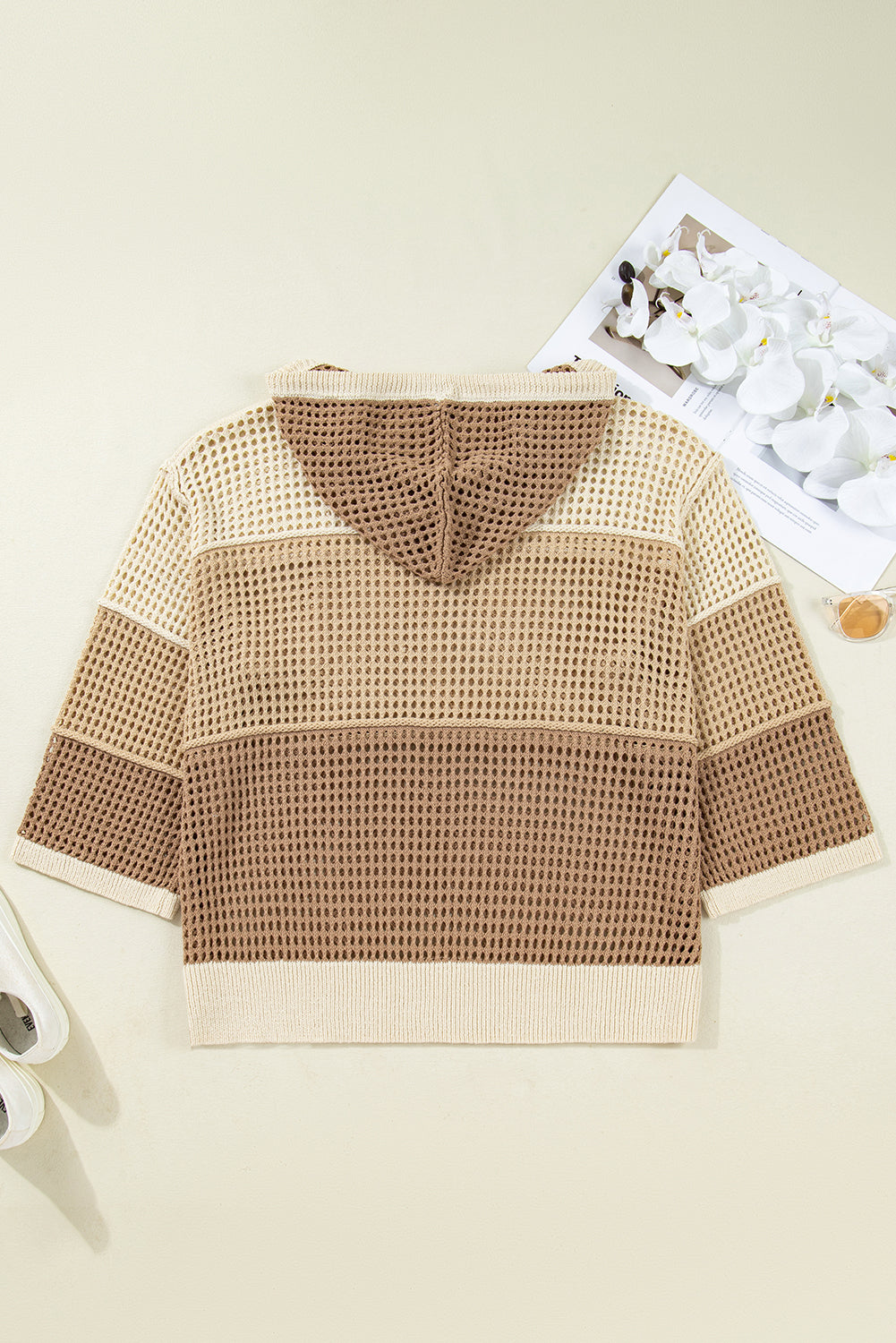 Parchment Colorblock Hollowed Knit Plus Size Hooded Jumper Sweater-TOPS / DRESSES-[Adult]-[Female]-2022 Online Blue Zone Planet