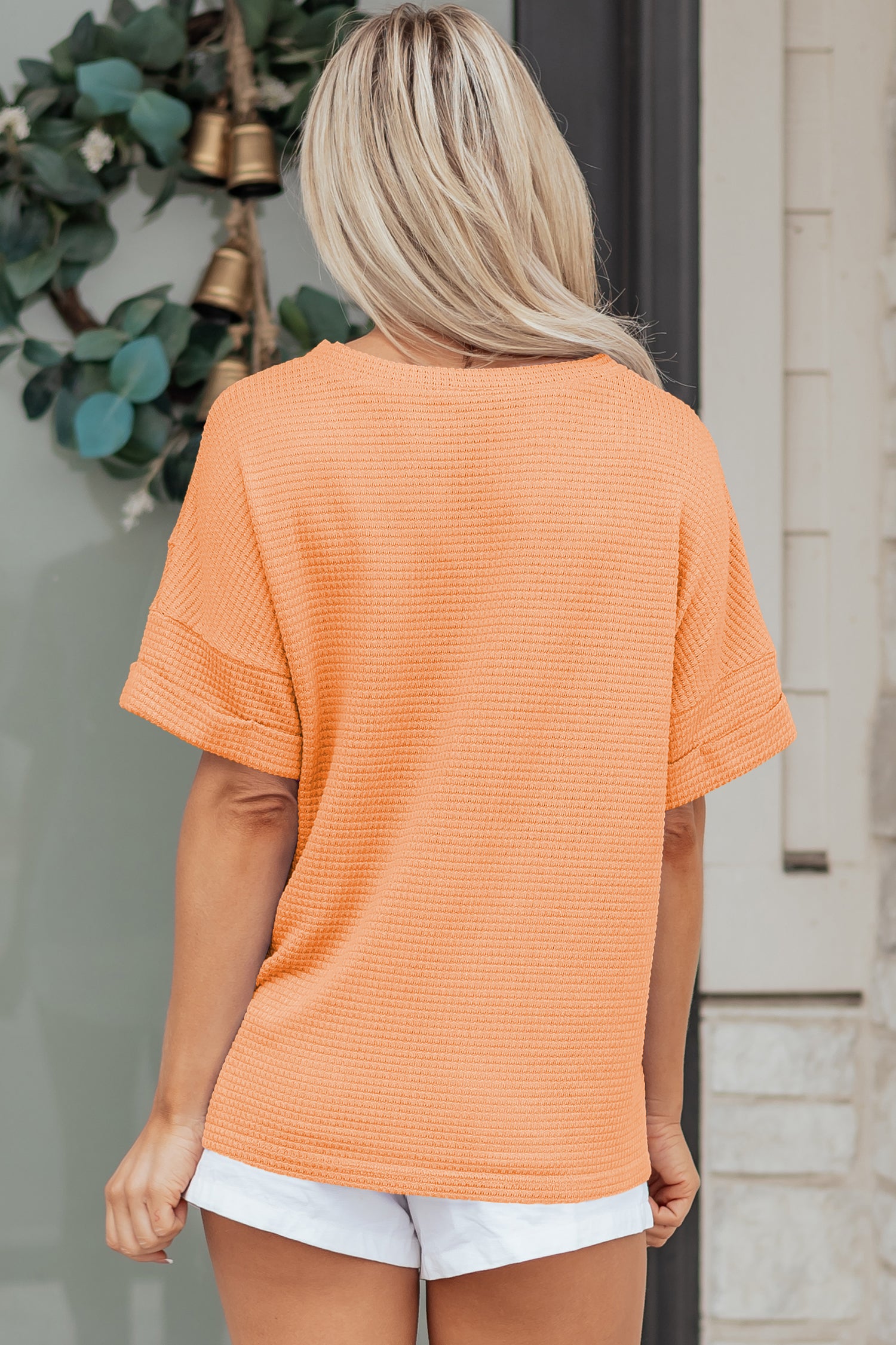 Grapefruit Orange Waffle V Neck Short Sleeve Knit Top-Tops/Tops & Tees-[Adult]-[Female]-2022 Online Blue Zone Planet