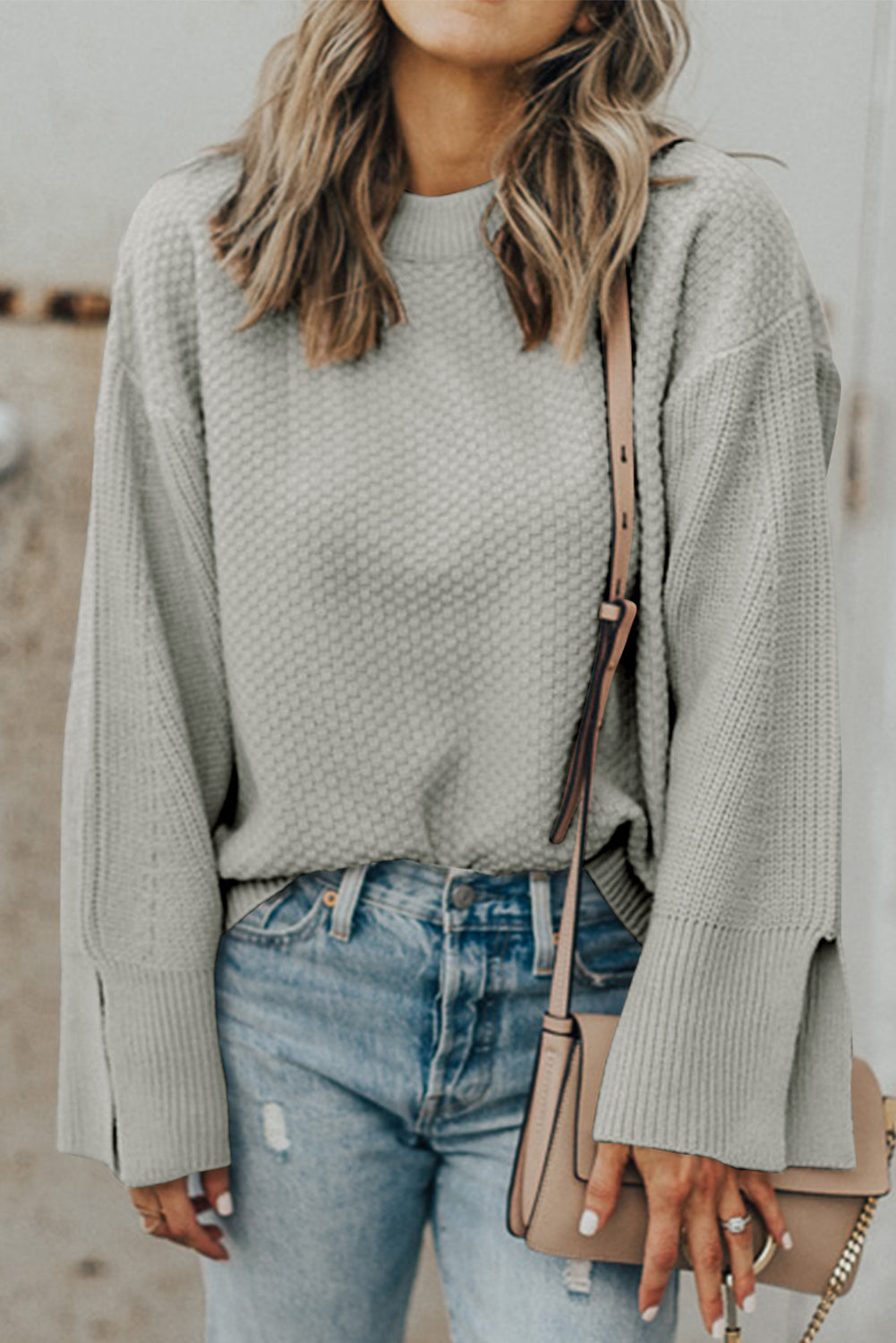 Textured Round Neck Long Sleeve Sweater-TOPS / DRESSES-[Adult]-[Female]-Gray-S-2022 Online Blue Zone Planet