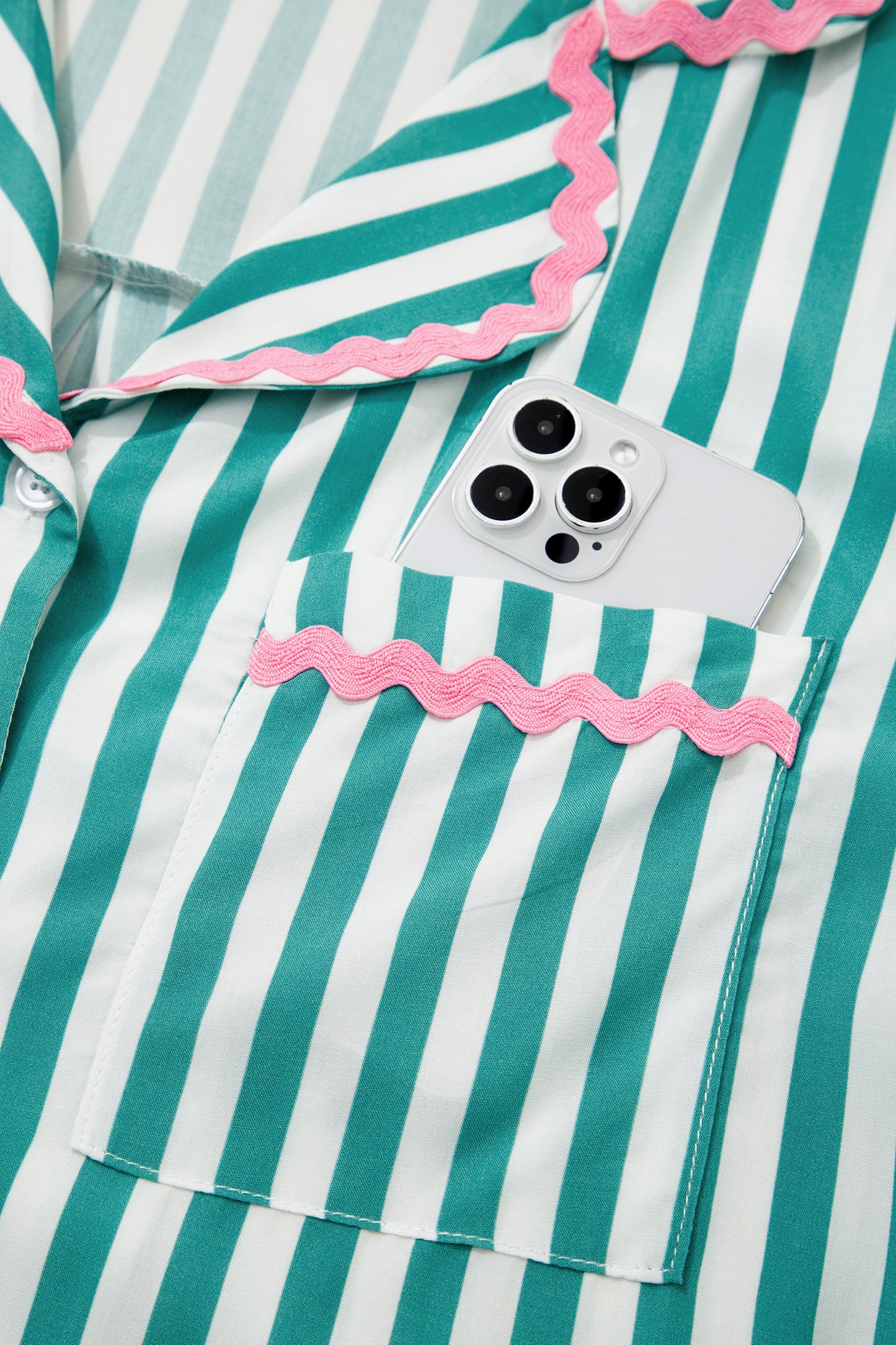 Green Stripe Contrast Ricrac Trim Long Sleeve Shirt Drawstring Ruffled Pajama Short Set-Loungewear & Sleepwear/Sleepwear-[Adult]-[Female]-2022 Online Blue Zone Planet