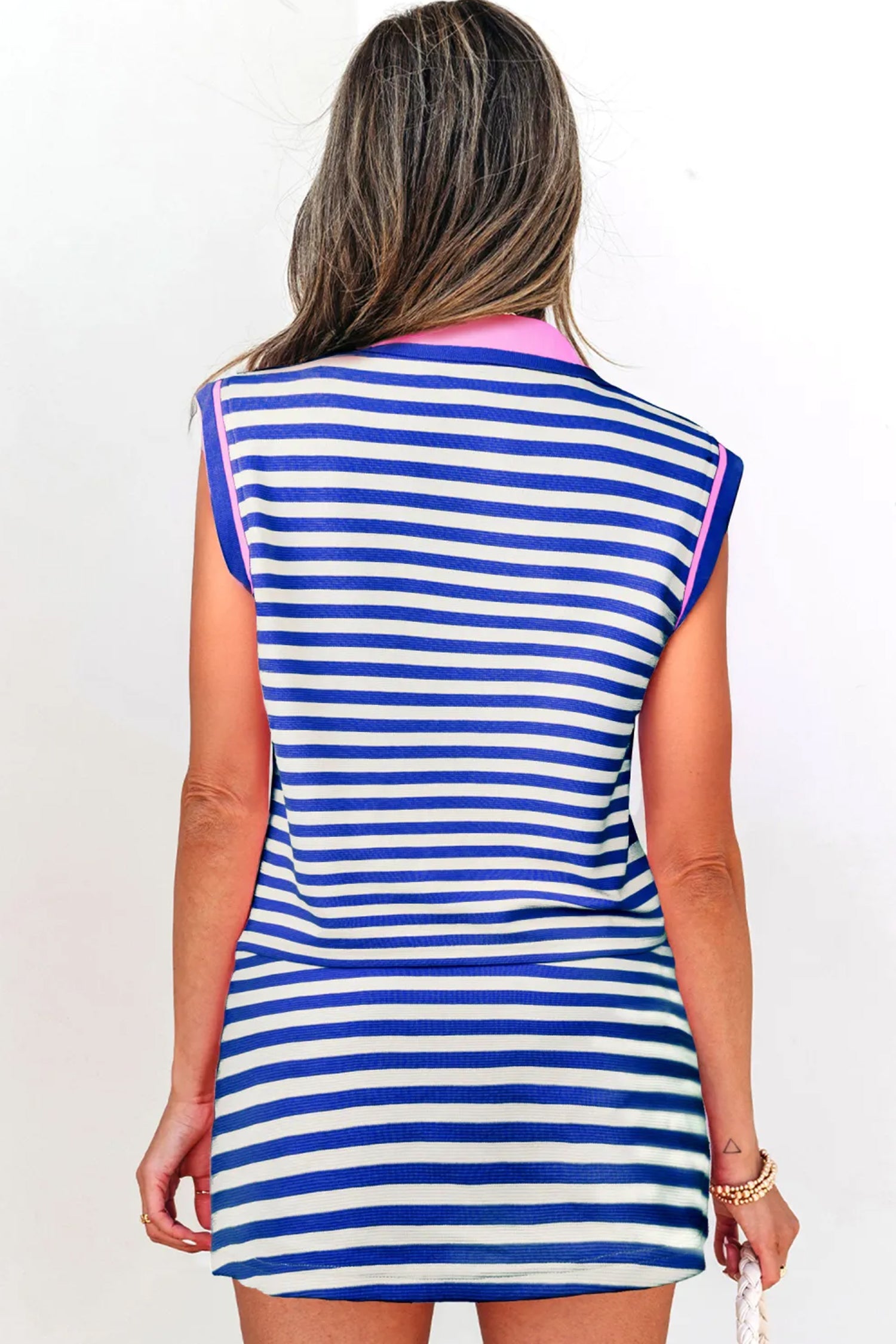 Bright Green Textured Stripe Print Contrast Trim Zip Collar Sleeveless 2pcs Skort Set-Two Piece Sets/Two Piece Dresses-[Adult]-[Female]-2022 Online Blue Zone Planet