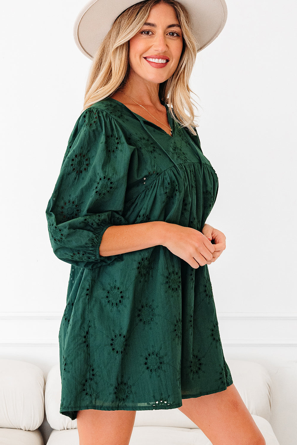 Blackish Green Embroidered Eyelet Pattern 3/4 Puffy Sleeve Swing Mini Dress-Dresses/Mini Dresses-[Adult]-[Female]-2022 Online Blue Zone Planet