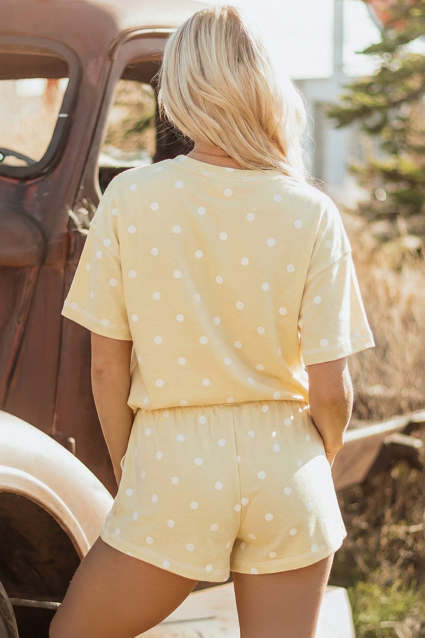 White Exposed Seam Detail Polka Dot Loose Tee Drawstring Shorts Set-Two Piece Sets/Short Sets-[Adult]-[Female]-2022 Online Blue Zone Planet