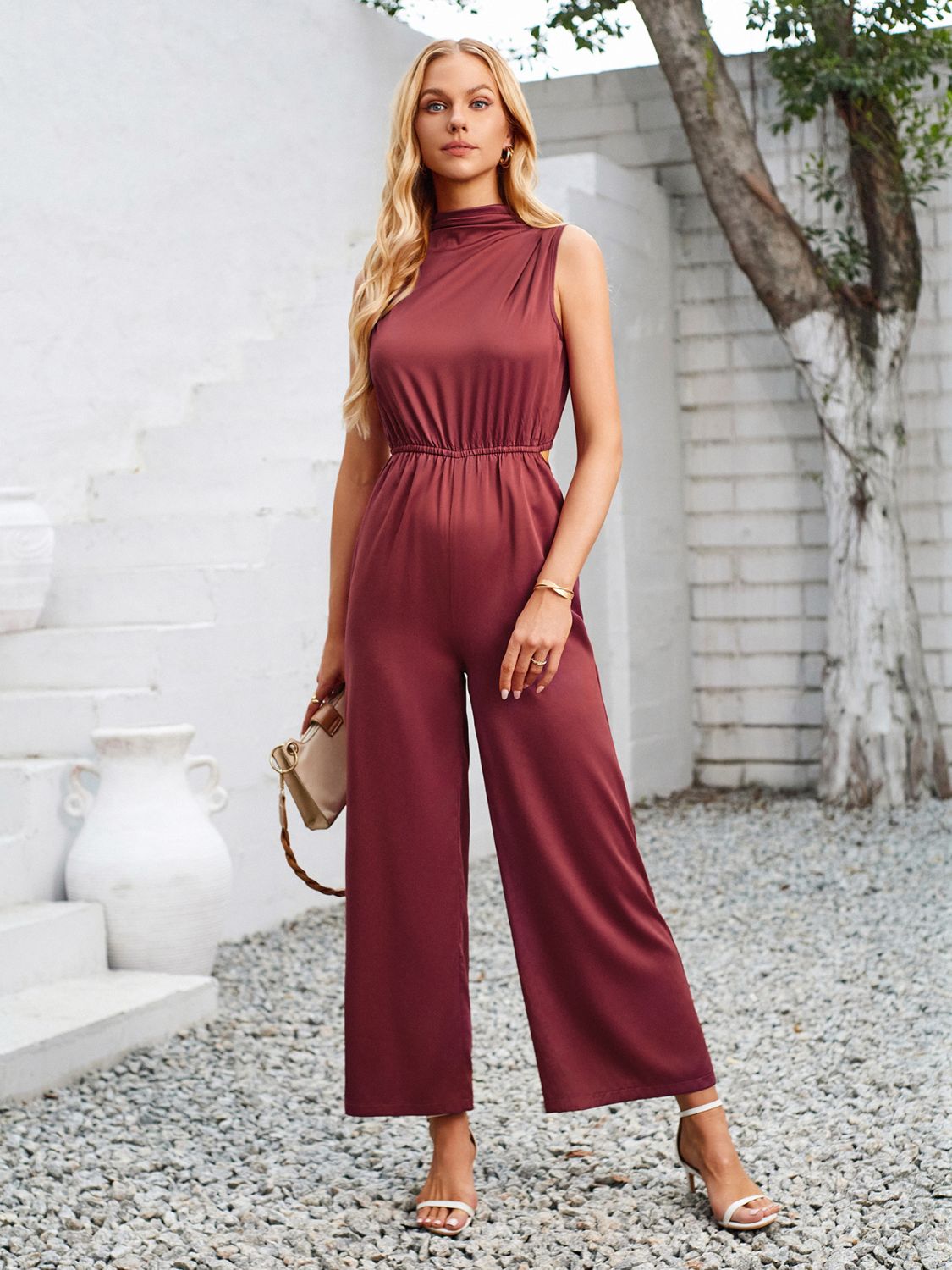 Cutout Tied Wide Leg Sleeveless Jumpsuit-[Adult]-[Female]-2022 Online Blue Zone Planet