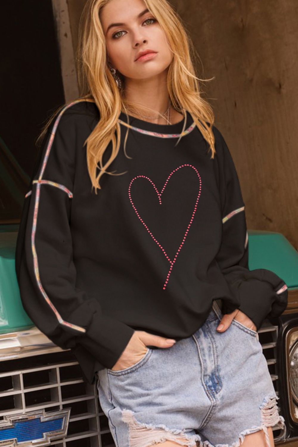 Valentine’s Day Rhinestone Heart Round Neck Long Sleeve Sweatshirt-TOPS / DRESSES-[Adult]-[Female]-2022 Online Blue Zone Planet