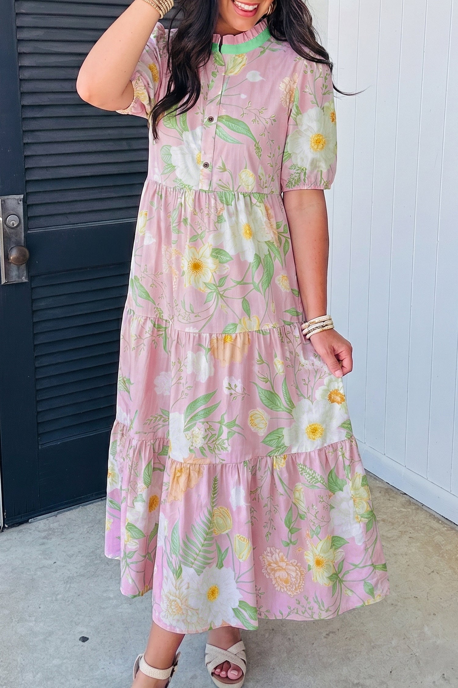 Pink Floral Print Short Puff Sleeve High Waist Tiered Maxi Dress-Dresses/Floral Dresses-[Adult]-[Female]-2022 Online Blue Zone Planet