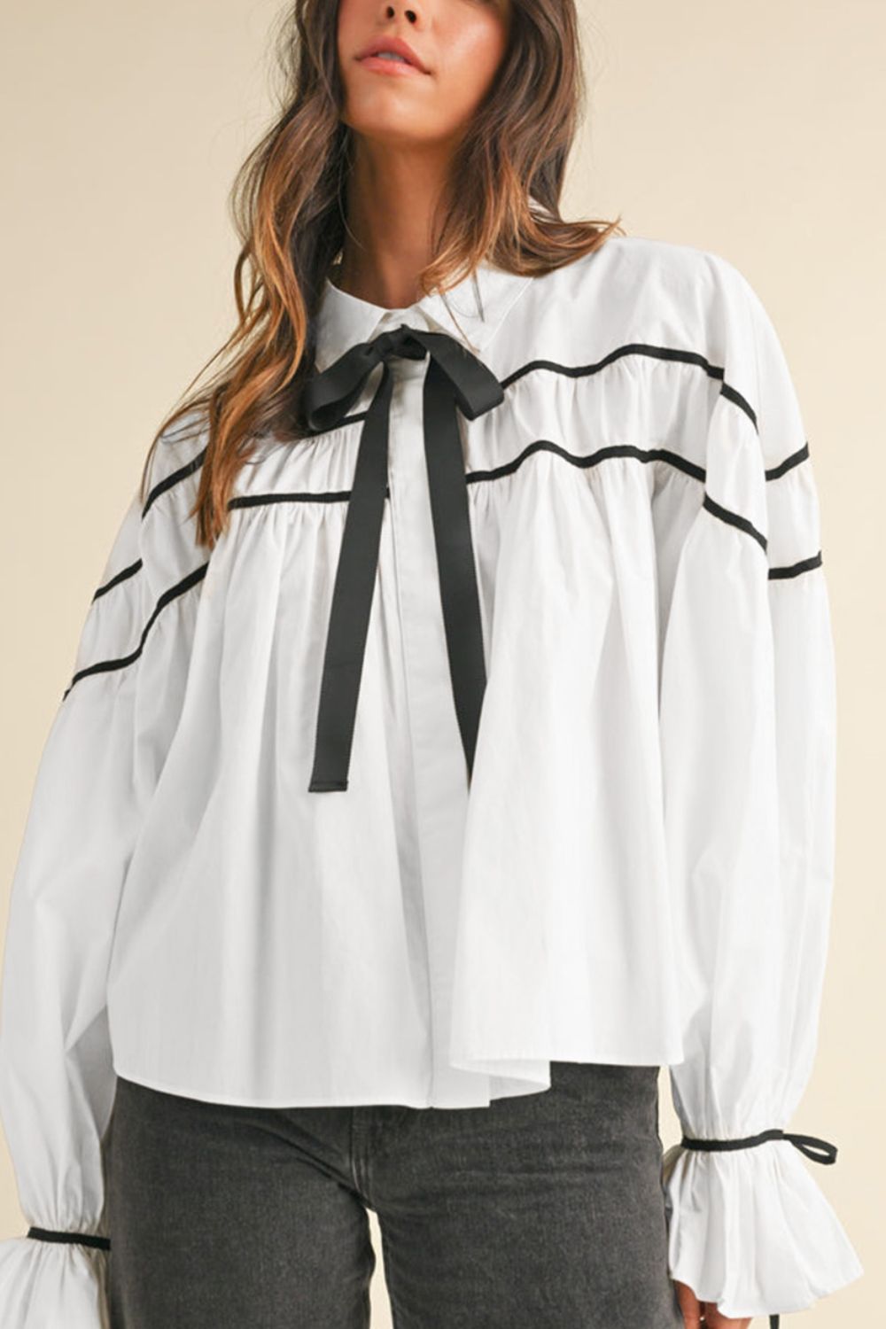 Ribbon Bowtie Collared Neck Flounce Sleeve Shirt-TOPS / DRESSES-[Adult]-[Female]-2022 Online Blue Zone Planet