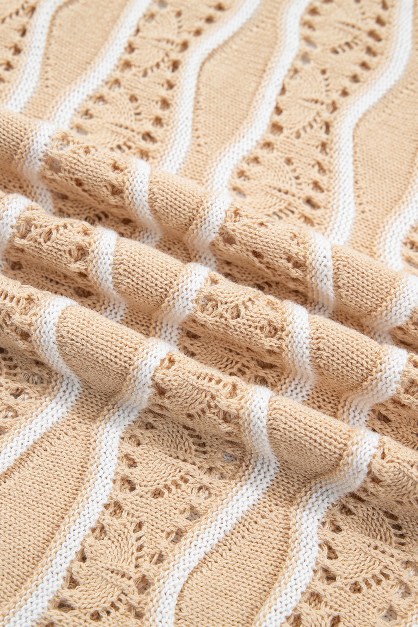 Khaki Wavy Detail Hollow Out Knit Long Sleeve Cotton Pullover Sweater-Sweaters & Cardigans/Sweaters-[Adult]-[Female]-2022 Online Blue Zone Planet