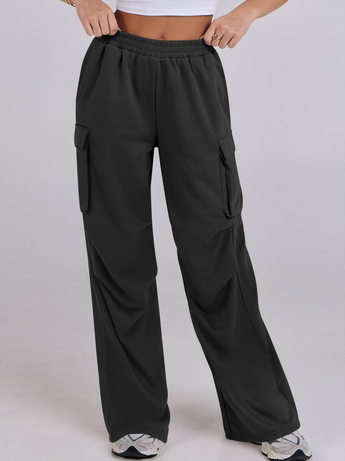 Blue Zone Planet | Elastic Waist Wide Leg Pants with Pockets-BOTTOMS SIZES SMALL MEDIUM LARGE-[Adult]-[Female]-Black-S-2022 Online Blue Zone Planet