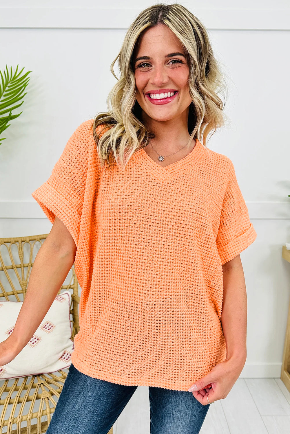 Grapefruit Orange Waffle V Neck Short Sleeve Knit Top-Tops/Tops & Tees-[Adult]-[Female]-2022 Online Blue Zone Planet