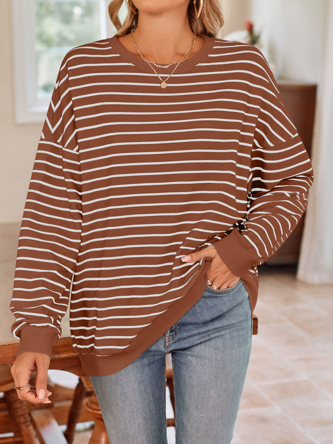 Blue Zone Planet | Lovelet Striped Round Neck Long Sleeve Sweatshirt-TOPS / DRESSES-[Adult]-[Female]-2022 Online Blue Zone Planet