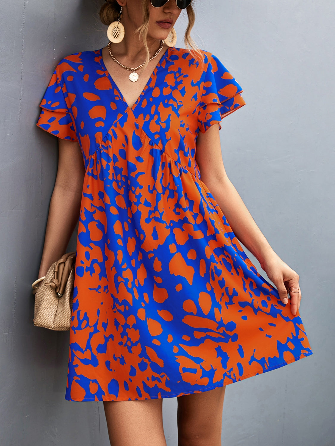 Ruffled Printed V-Neck Short Sleeve Mini Dress-TOPS / DRESSES-[Adult]-[Female]-2022 Online Blue Zone Planet