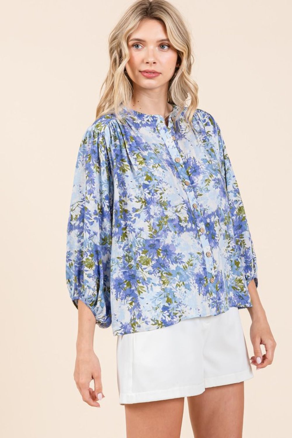 Mittoshop Flower Print Batwing Sleeve Button Down Blouse-TOPS / DRESSES-[Adult]-[Female]-2022 Online Blue Zone Planet