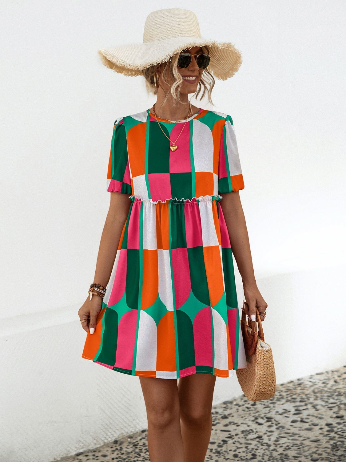 Blue Zone Planet |  Geometric Frill Round Neck Short Sleeve Dress BLUE ZONE PLANET