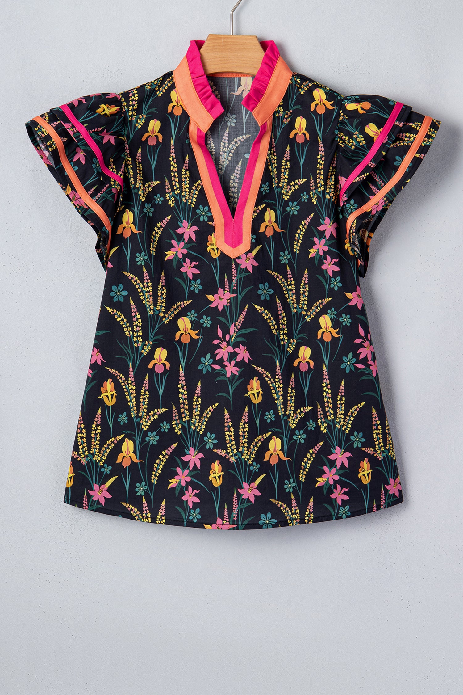 Black Floral Print Contrast Trim Tiered Ruffled Short Sleeve Blouse-Tops/Blouses & Shirts-[Adult]-[Female]-2022 Online Blue Zone Planet