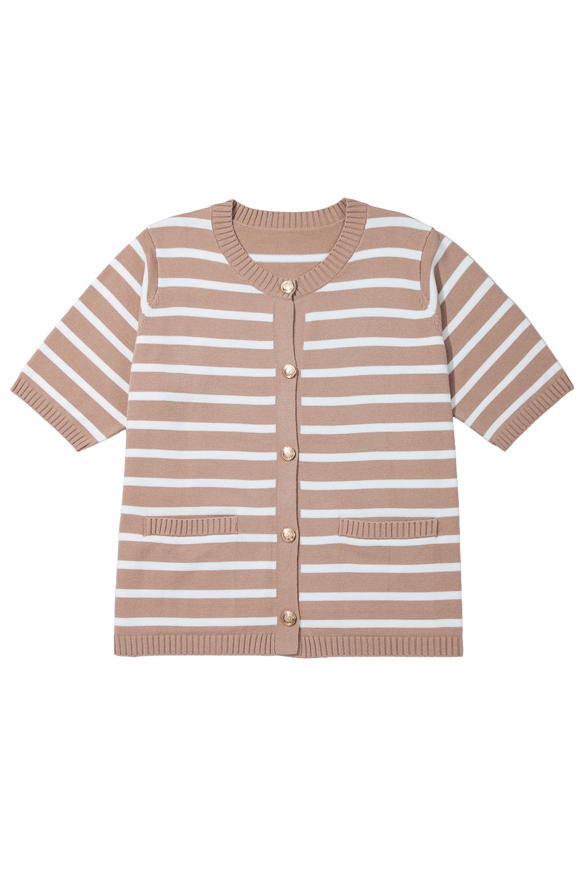 Khaki Stripe Button Down Short Sleeve Knit Plus Size Cardigan-Plus Size/Plus Size Sweaters & Cardigans-[Adult]-[Female]-2022 Online Blue Zone Planet