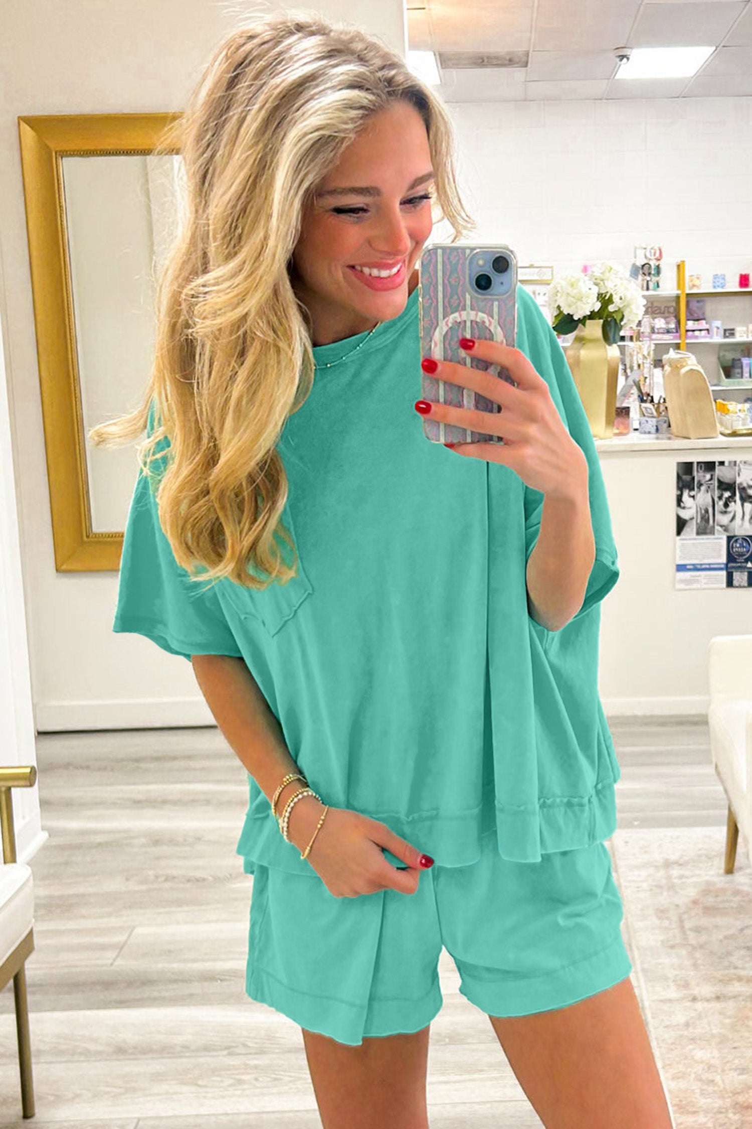 Strawberry Pink Raw Edge Patch Pocket Oversized Top and Shorts Set-Two Piece Sets/Short Sets-[Adult]-[Female]-2022 Online Blue Zone Planet