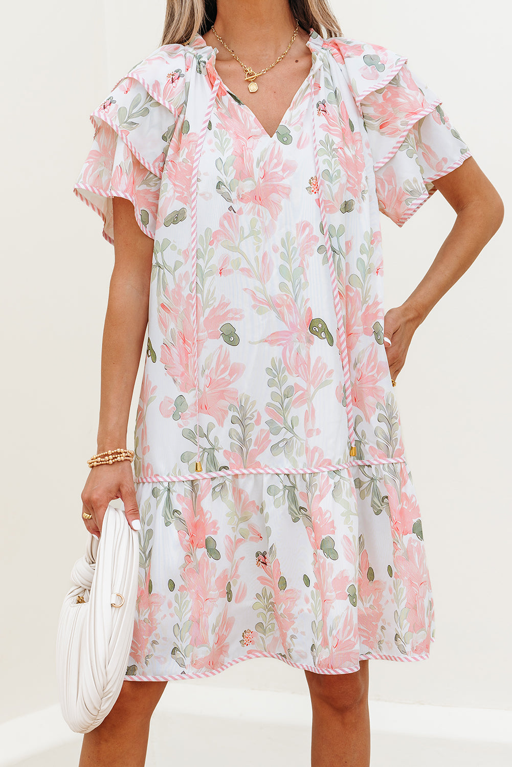 Pink Floral Contrast Edge Layered Short Sleeve Mini Dress-TOPS / DRESSES-[Adult]-[Female]-2022 Online Blue Zone Planet