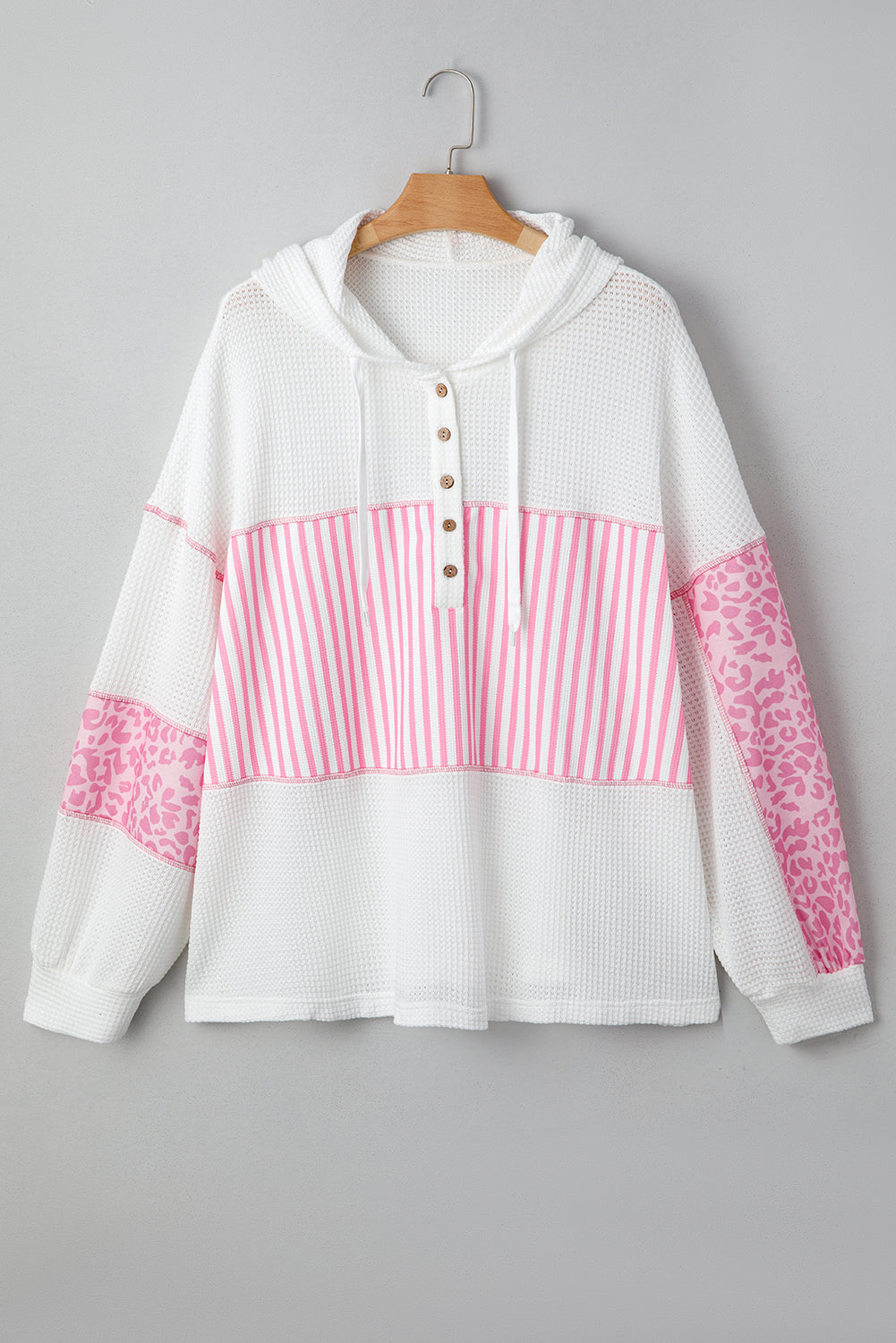 Pink Stripe Leopard Patchwork Waffle Knit Buttoned Plus Size Hoodie-Tops / Dresses-[Adult]-[Female]-2022 Online Blue Zone Planet
