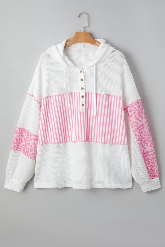 Pink Stripe Leopard Patchwork Waffle Knit Buttoned Plus Size Hoodie-Tops / Dresses-[Adult]-[Female]-2022 Online Blue Zone Planet