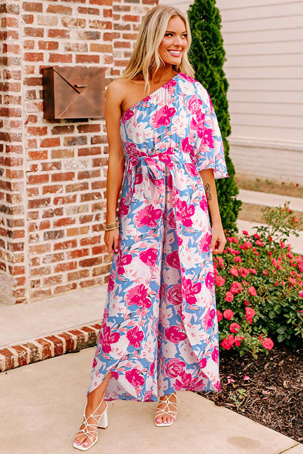 Pink Floral Print Asymmetrical Neckline Single Shoulder Drape Sleeve Belted Jumpsuit-Bottoms/Jumpsuits & Rompers-[Adult]-[Female]-2022 Online Blue Zone Planet