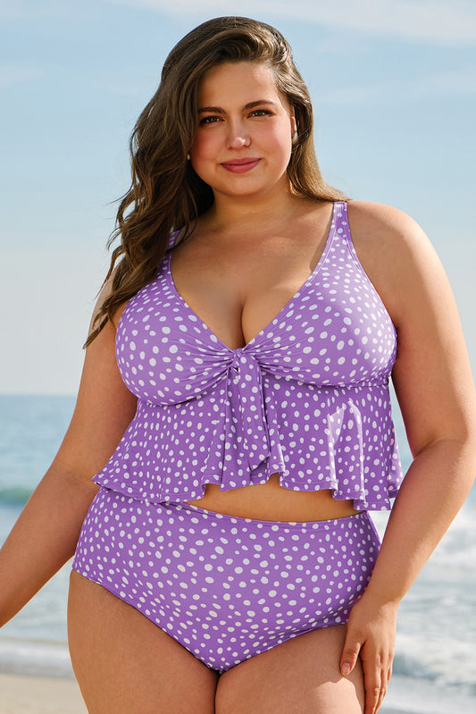 Purple Plus Size Polka Dot Print Ruffled Knotted V Neck Tankini Set-Plus Size/Plus Size Swimwear-[Adult]-[Female]-Purple-1X-2022 Online Blue Zone Planet