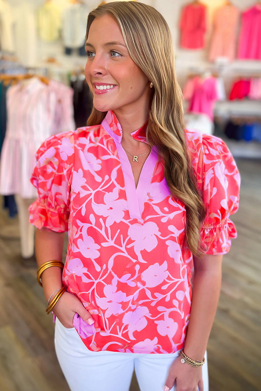 Red Floral Split V Neck Ruffled Short Sleeve Blouse Top-Tops/Blouses & Shirts-[Adult]-[Female]-2022 Online Blue Zone Planet