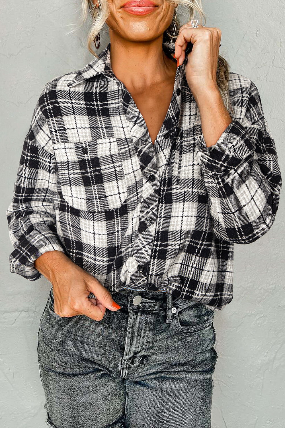 Black Plaid Print Chest Pockets Buttoned Shirt-Tops/Blouses & Shirts-[Adult]-[Female]-Black-S-2022 Online Blue Zone Planet