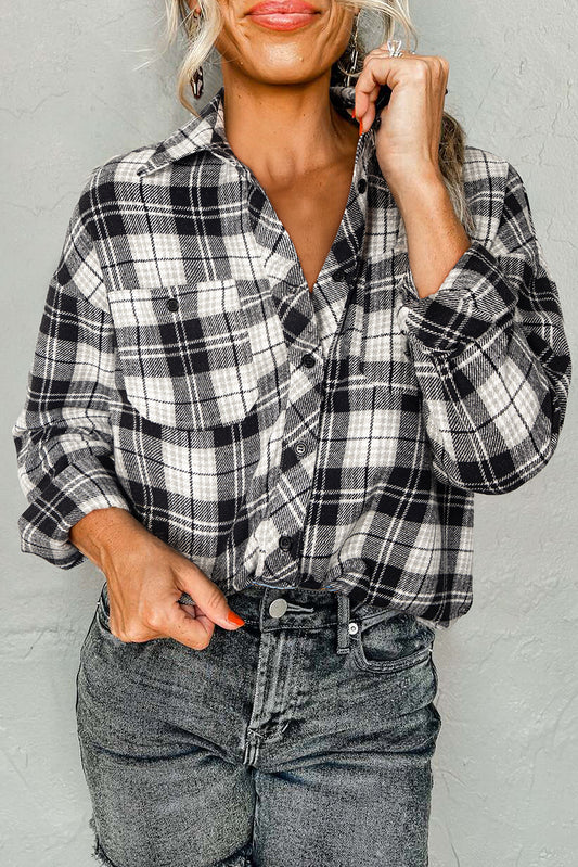 Black Plaid Print Chest Pockets Buttoned Shirt-Tops/Blouses & Shirts-[Adult]-[Female]-Black-S-2022 Online Blue Zone Planet
