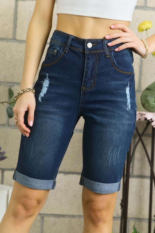ADORA Distressed Denim Shorts with Pockets-BOTTOM SIZES SMALL MEDIUM LARGE-[Adult]-[Female]-Denim-S-2022 Online Blue Zone Planet