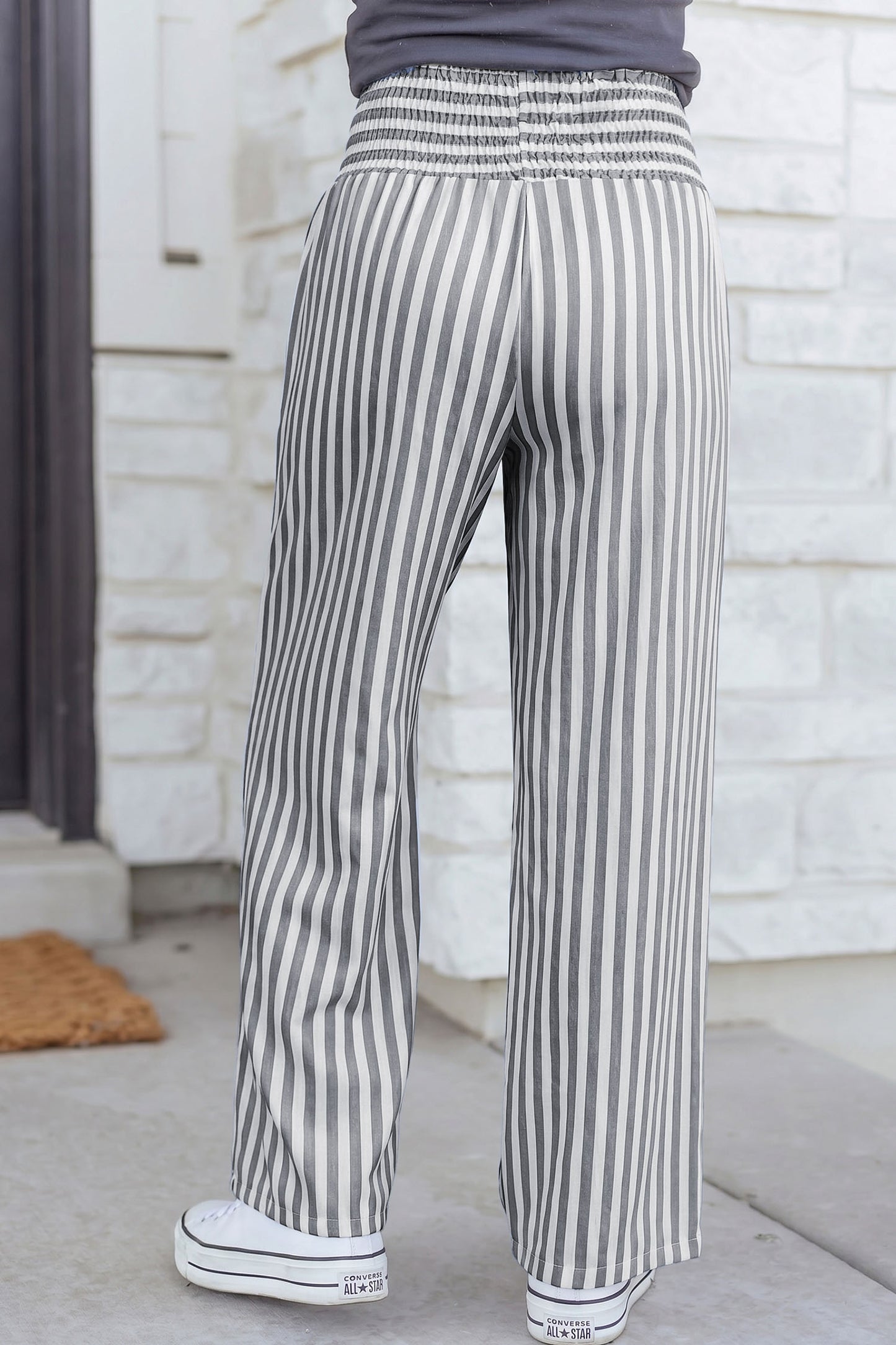 Sky Blue Stripe Shirred High Waist Loose Summer Pants-Bottoms/Pants & Culotte-[Adult]-[Female]-2022 Online Blue Zone Planet