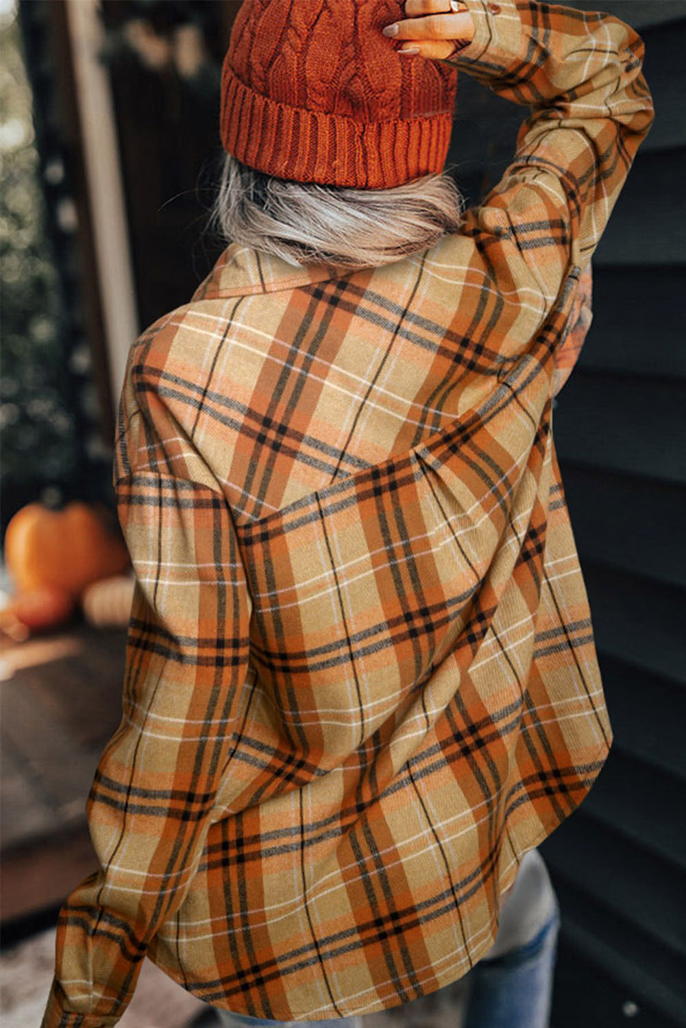 Orange Plaid Pocket Buttoned Long Sleeve Shirt-Tops/Blouses & Shirts-[Adult]-[Female]-2022 Online Blue Zone Planet