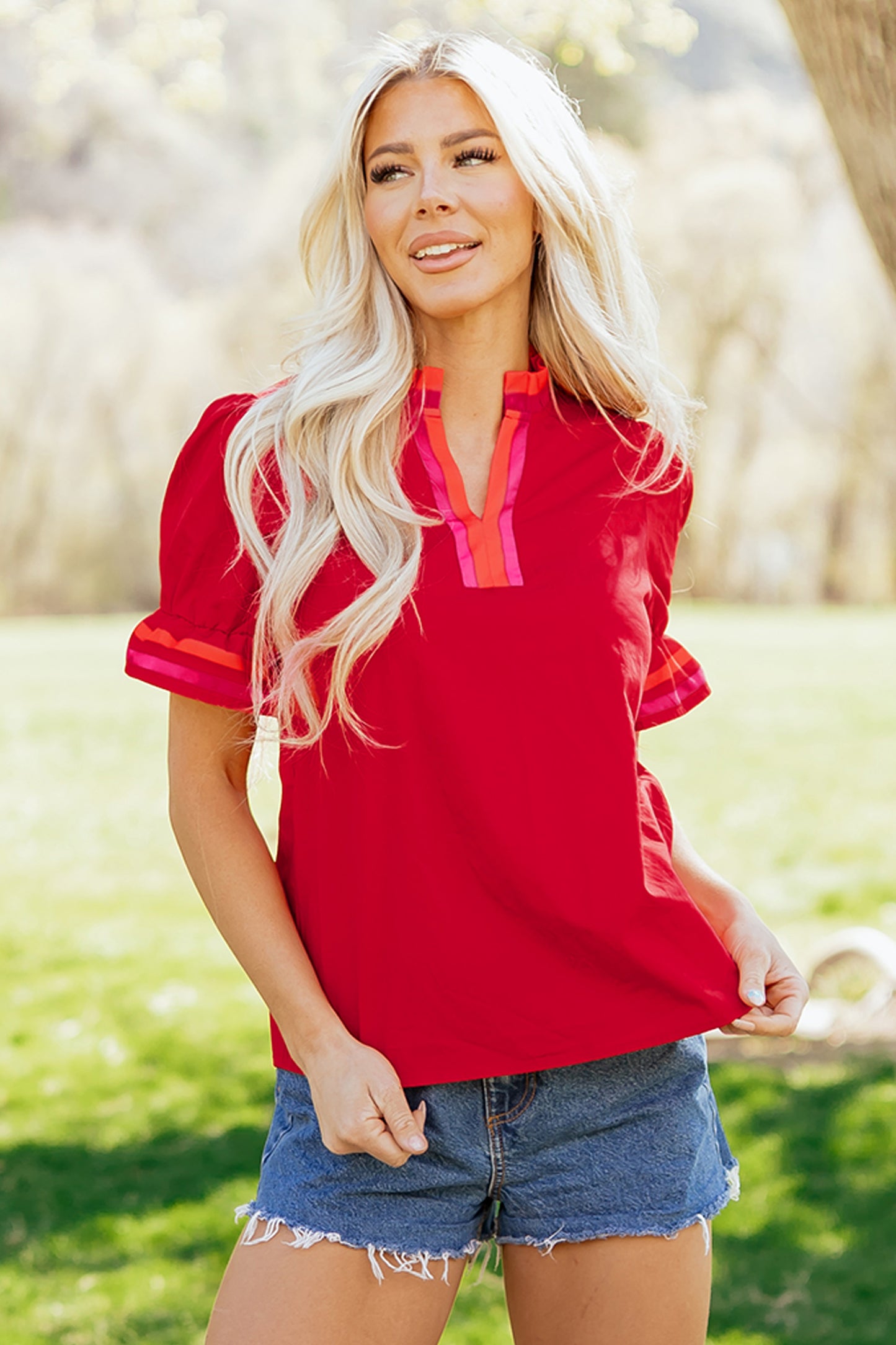 Fiery Red Striped Frilled Collar Ruffled Short Sleeve Blouse-Tops/Blouses & Shirts-[Adult]-[Female]-2022 Online Blue Zone Planet