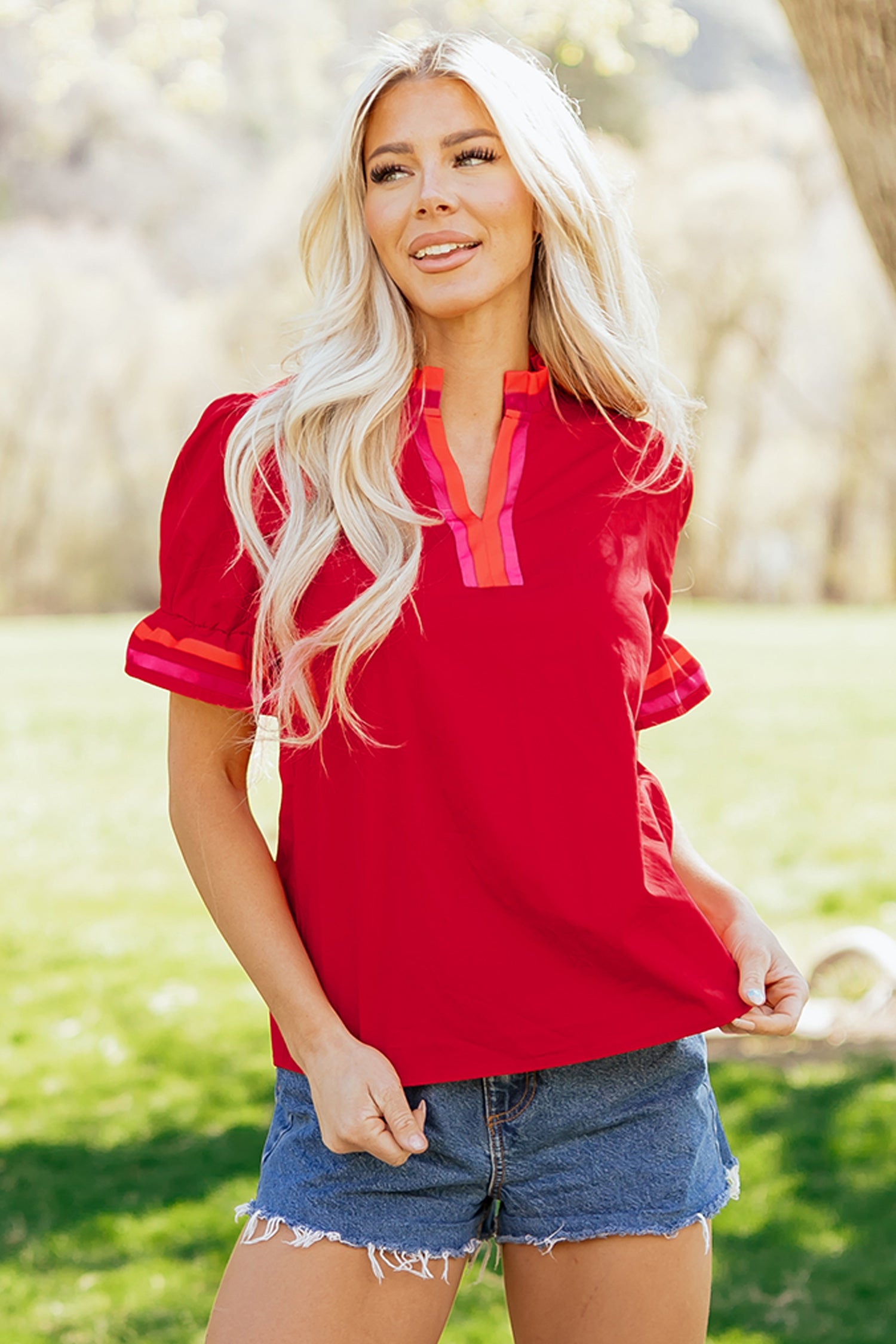 Fiery Red Striped Frilled Collar Ruffled Short Sleeve Blouse-Tops/Blouses & Shirts-[Adult]-[Female]-2022 Online Blue Zone Planet