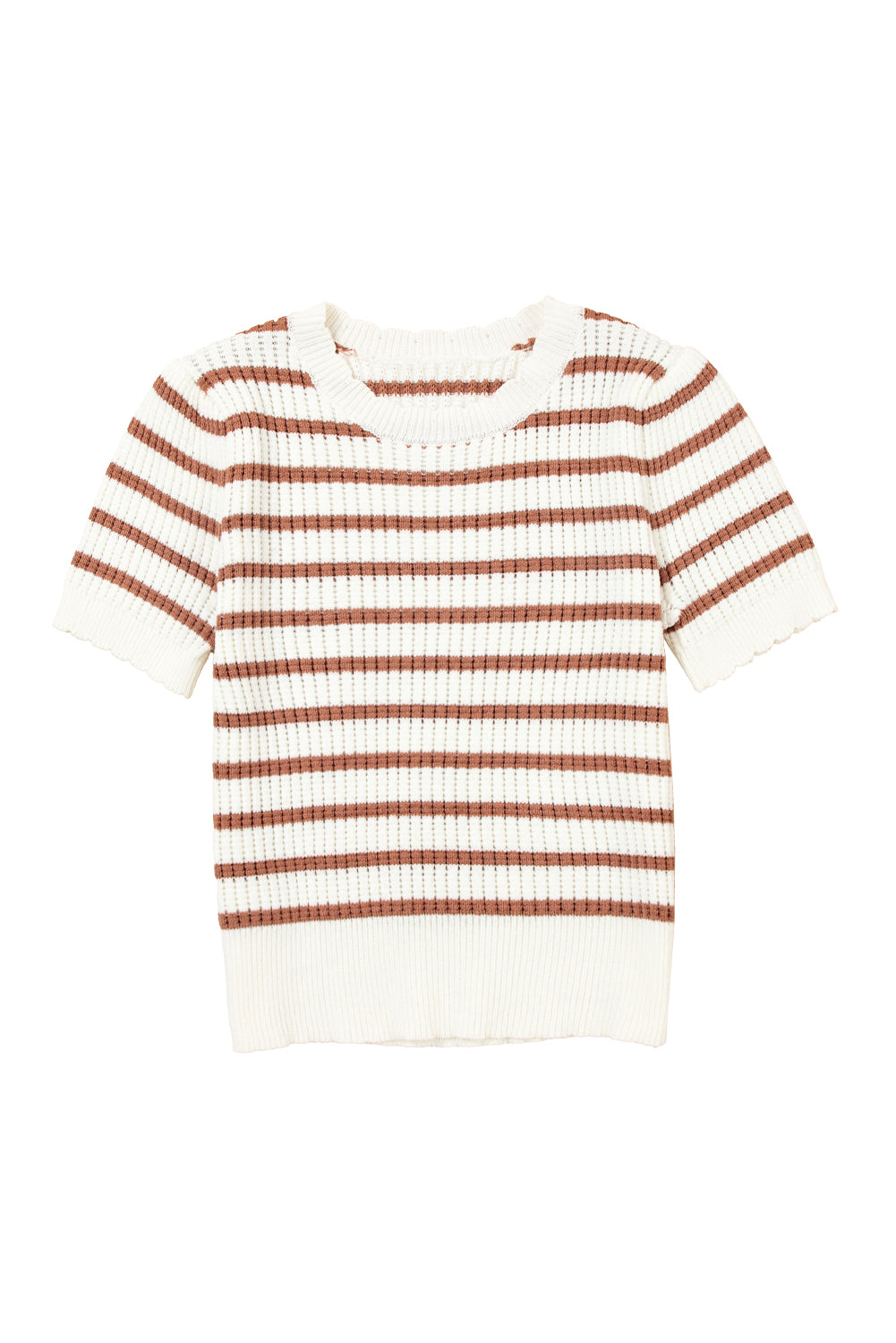 Khaki Stripe Scalloped Round Neck Short Sleeve Sweater-Sweaters & Cardigans/Short Sleeve Sweaters-[Adult]-[Female]-2022 Online Blue Zone Planet