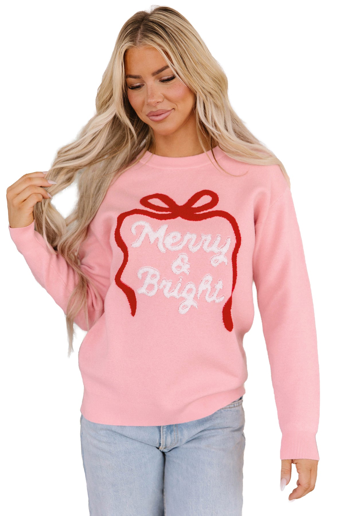 Gossamer Pink Drop Shoulder Round Neck Towel Embroidery Slogan Pullover Sweater-TOPS / DRESSES-[Adult]-[Female]-2022 Online Blue Zone Planet